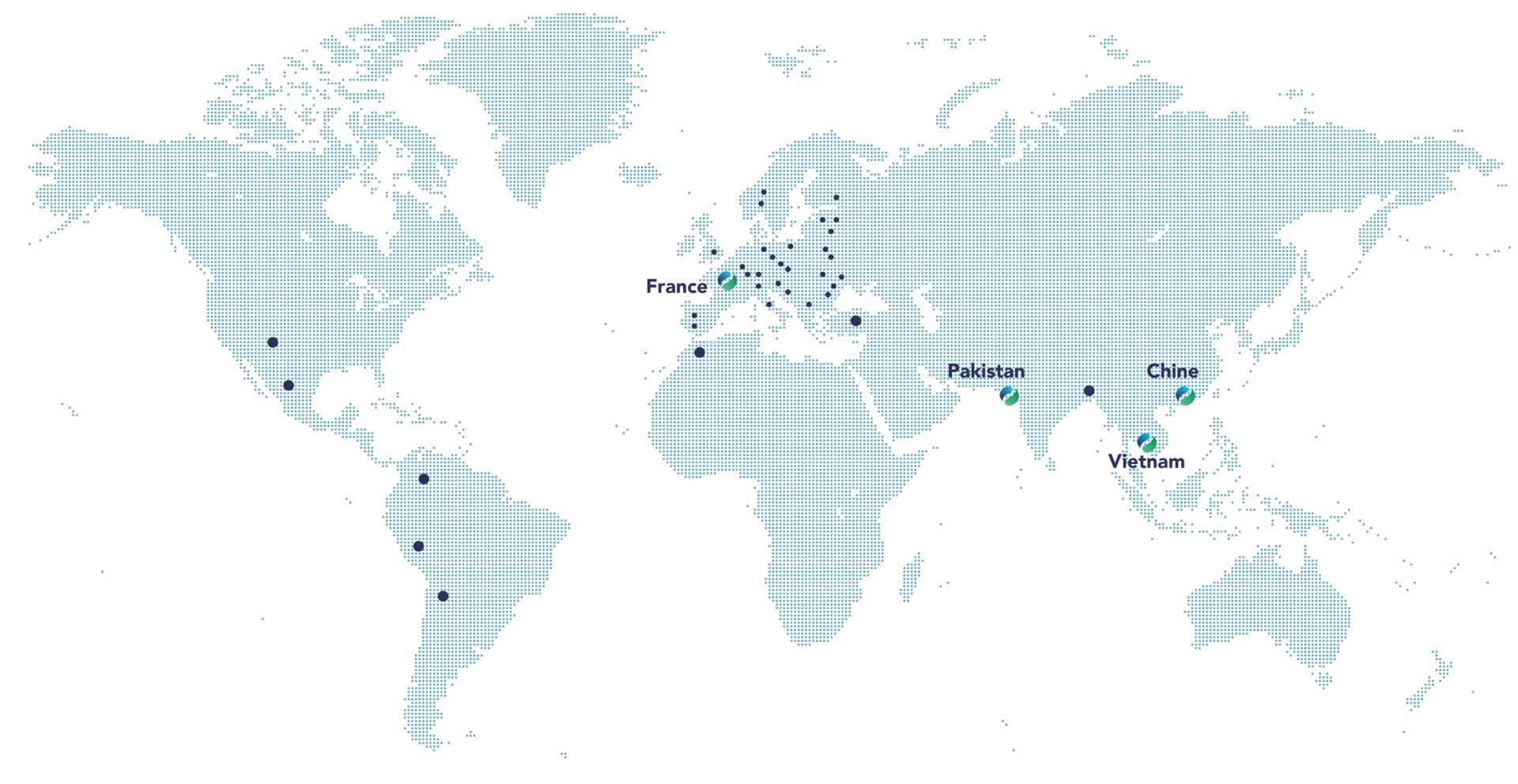 Carte du monde illustrant l'activité internationale et le fait que le groupe SUBRENAT travaille avec des partenaires partout dans le monde