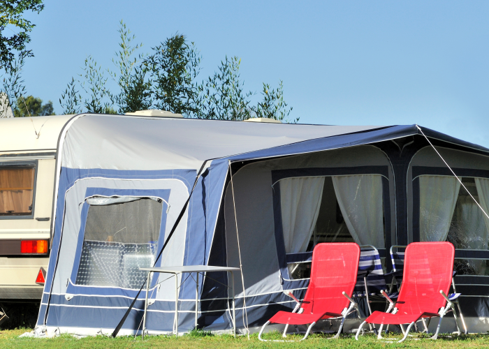 Caravan awning designed with SUBRENAT waterproof and UV resistant outdoor fabrics