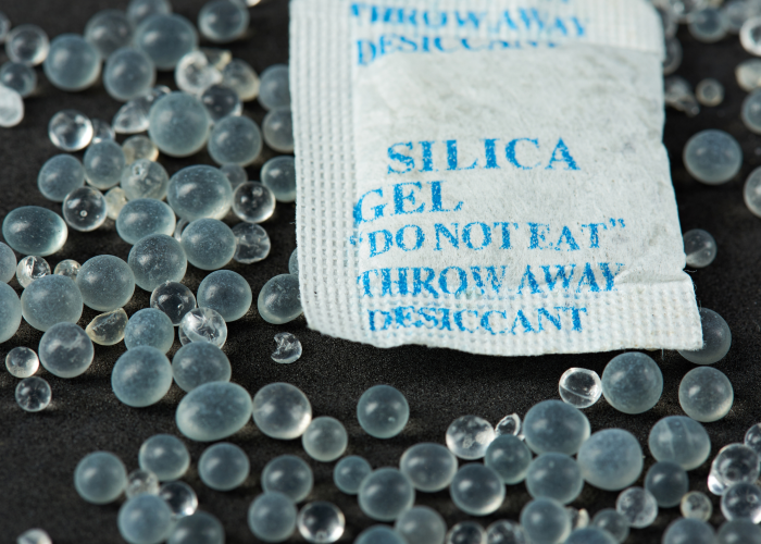 Bag of moisture-absorbing silica gel surrounded by beads, designed with SUBRENAT moisture-wicking polyethylene fabric designed as an alternative to TYVEK