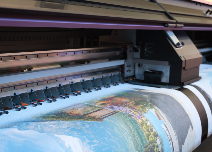 Subrenat coating textiles passing through a digital printer for printing a landscape